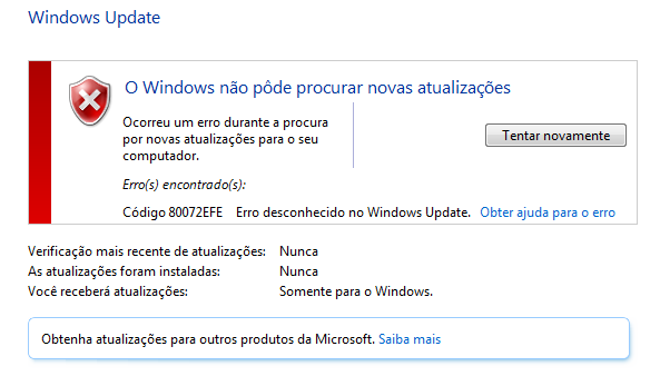 Resolver o erro Código 80072EFE Windows 7